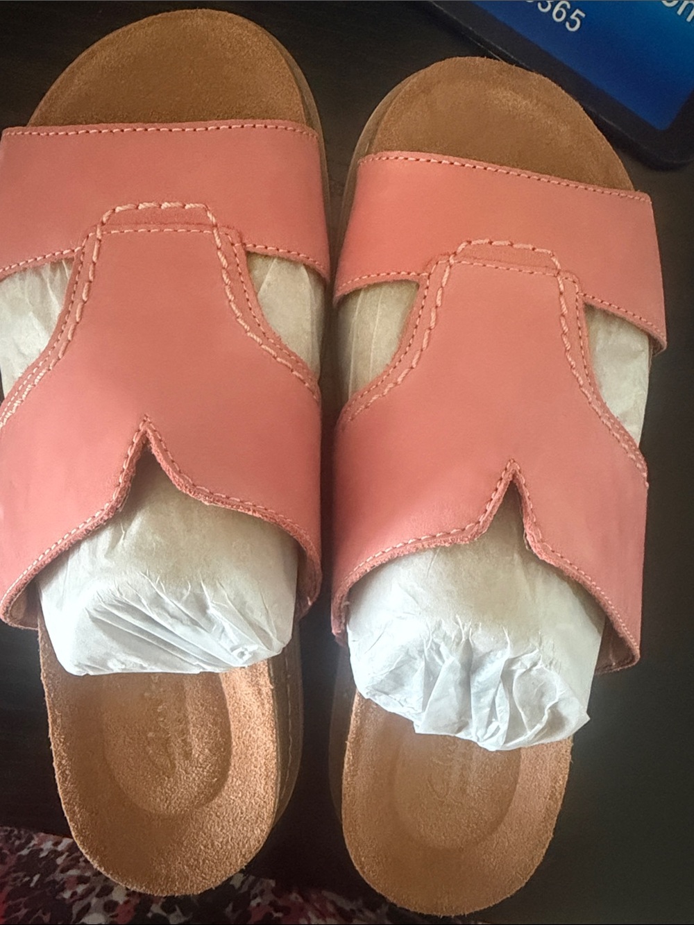 Clarks Coral-Pink Slide Sandals with Contoured Footbed